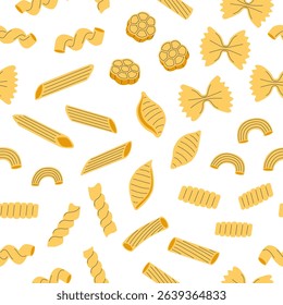 Seamless pattern with different types of pasta. Minimal italian food illustration on white background. Italian fusilli, rotelle, farfalle, penne, macaroni. Fabric textile print. Surface cover design.