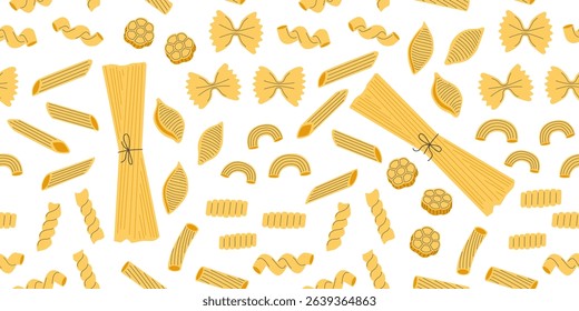 Seamless pattern with different types of pasta. Minimal mediterranean food background. Italian fusilli, rotelle, farfalle, penne, macaroni, spaghetti. Fabric textile print. Surface cover design.