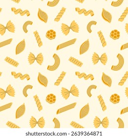 Seamless pattern with different types of pasta. Minimal mediterranean food background. Italian fusilli, conchiglie, gnocchi, farfalle, penne, macaroni. Fabric textile print. Surface cover design.