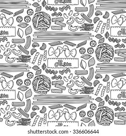 Seamless pattern with different types of pasta. Vector illustration of hand drawn pasta elements for menu, backgrounds, wrapping, posters, textile prints