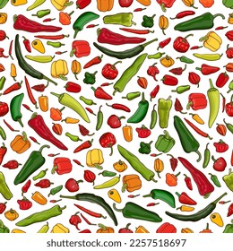 Seamless pattern with different types of peppers. Sweet peppers. Mild and medium hot Chili peppers. Super hot peppers. Cartoon style. Vegetables. Vector illustration isolated on white background.