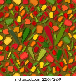 Seamless pattern with different types of peppers. Sweet peppers. Mild and medium hot, super hot Chili peppers. Flat style. Vegetables. Vector illustration isolated on green background.