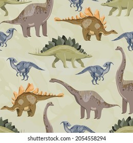 Seamless pattern with different types of prehistoric extinct dinosaurs. Huge prehistoric animals. Vector illustration