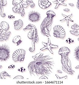 Seamless pattern with different types of sea animals. Hand drawn vector illustration on white background.