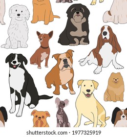 Seamless Pattern With Different Types Of Small Medium And Large Mixed Breed Dogs. Obedience, Pet Care Concept. Isolated On White Background