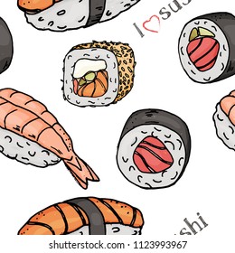 Seamless pattern with different types of sushi and rolls on white background. Colorful vector illustration is made in the style of a sketch.