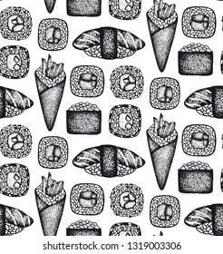 Seamless pattern with different types of sushi rolls. Hand-drawn black silhouettes. Vector. Isolated on white.