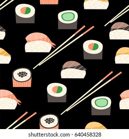 Seamless pattern with different types of sushi. Japanese food sushi roll vector background.