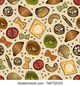 Seamless pattern with different types of tasty uncooked pasta. Backdrop with delicious traditional Italian product. Hand drawn vector illustration for wallpaper, textile print, wrapping paper.