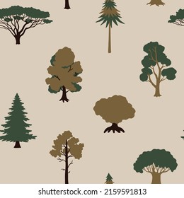 Seamless pattern with different types of trees on a beige background