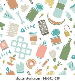 Seamless pattern with different types of waste. Flat style vector illustration
