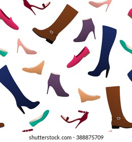 Seamless pattern different types of women's shoes: ballets, moccasins, boots, high heel shoes.
