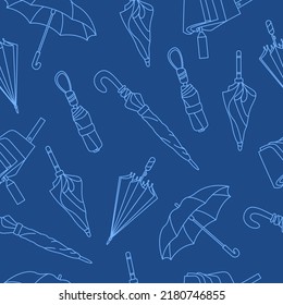 Seamless pattern with different Umbrellas in various positions. Open and folded umbrellas. Blue colors. Hand drawn colored Vector illustration. Cartoon style. Design templates. Isolated on background