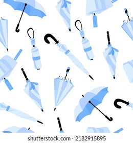 Seamless pattern with different Umbrellas in various positions. Open and folded umbrellas. Blue colors. Hand drawn colored Vector illustration. Cartoon style. Design templates. Isolated on background
