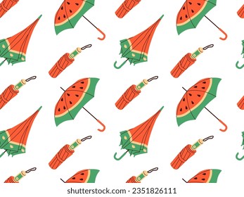 Seamless pattern of different Umbrellas in various positions, Open and folded umbrellas.