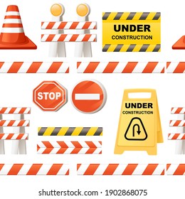 Seamless pattern of different Under construction sign with red ribbon and red cone vector illustration on white background