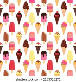 Seamless pattern of different varieties of ice cream. Ice cream on a stick, homemade sorbet and in a waffle cone. On a white background