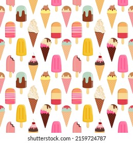 Seamless pattern of different varieties of ice cream. Ice cream on a stick, homemade sorbet and in a waffle cone. On a white background