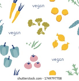 Seamless pattern with different vegetable background elements: potatoes, carrots, broccoli, onions, peppers in bright colours, peas, tomatoes.