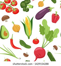 Seamless pattern with different vegetables. Beet, carrot, corn, onion, tomato, avocado, cucumber etc. Texture for textile, wrapping paper, packaging etc. Vector on white background.