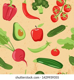 Seamless pattern with different vegetables. Beet, pepper, avocado, tomato, peas, zucchini, cucumber, broccoli and apple. Texture for textile, wrapping paper, packaging etc. Vector illustration.
