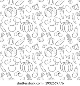 Seamless pattern with different vegetables. Black-and-white hand-drawn linear elements with an outline are isolated on transparent background. For the design of kitchen accessories and food packaging