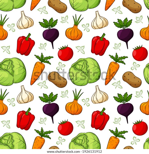 Seamless pattern with different vegetables.\
Colored hand-drawn linear elements with an outline are isolated on\
a transparent background. For the design of kitchen accessories and\
food packaging