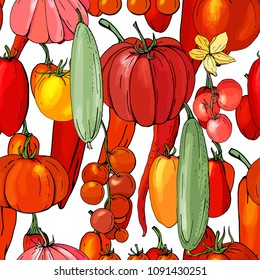 Seamless pattern with different vegetables. Cucumbers and tomatoes