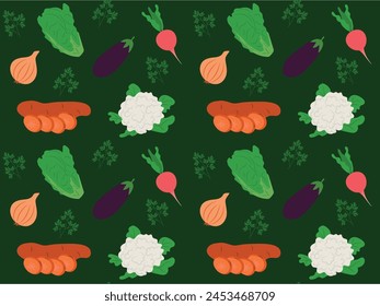 Seamless pattern with different vegetables and fresh herbs,for cooking on a green background. Vector illustration of sweet potato, cauliflower for print, textile, wrapping paper.