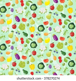 Seamless pattern with different vegetables, fruits and berries. Vector illustration
