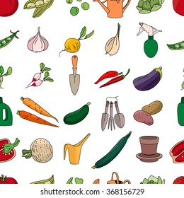 Seamless pattern with different vegetables and garden tools. Endless texture for your design, announcements, postcards, posters, advertisement.