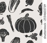 Seamless pattern with different vegetables. Linocut vector illustration with grunge texture. Monochrome linear woodcut illustration. 