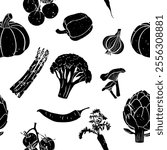 Seamless pattern with different vegetables. Linocut vector illustration with grunge texture. Monochrome linear woodcut illustration. 