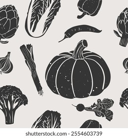 Seamless pattern with different vegetables. Linocut vector illustration with grunge texture. Monochrome linear woodcut illustration. 