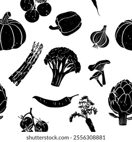 Seamless pattern with different vegetables. Linocut vector illustration with grunge texture. Monochrome linear woodcut illustration. 