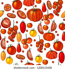 Seamless pattern with different vegetables on white. Slices of tomato, tomato cherry.