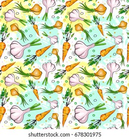 Seamless Pattern Different Vegetables Ornament Background Vector Illustration