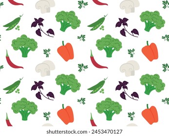 Seamless pattern with different vegetables, spices and herbs on a transparent background. Vector illustration of chilly pepper, basil, for print, textile, wrapping paper, background