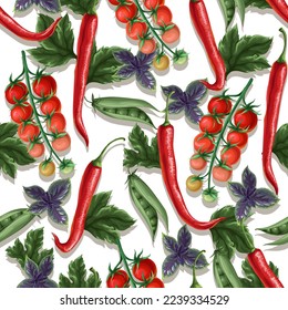Seamless pattern with different vegetables such as tomato, garlic, green peas. Vector