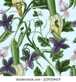 Seamless pattern with different vegetables such as garlic, green peas. Vector.