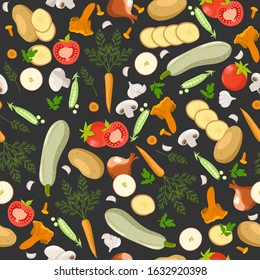 Seamless pattern with different vegetables. Vector graphics.