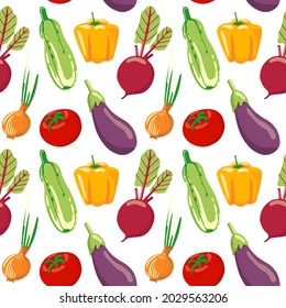 seamless pattern of different vegetables. Vegan healthy food. Harvest organic healthy food. Vector background. 