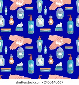 seamless pattern with different versions of cream jars and hands applying cream on a bright blue background, for the design and decoration of packaging and postcards of a cosmetics store, spa salon