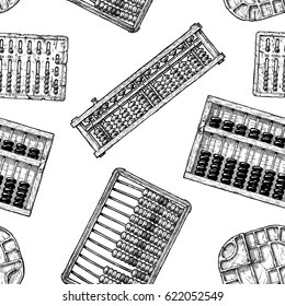 Seamless pattern with different vintage abacuses. Vector illustration in ink hand drawn style on white background.  