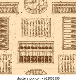 Seamless pattern with different vintage abacuses. Vector illustration in ink hand drawn style. 