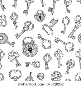 Seamless pattern with different vintage keys. Hand drawn vector illustration.