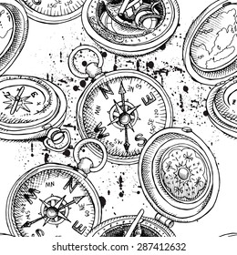 Seamless pattern of different vintage pirate compass with cap. Vector black and white illustration.