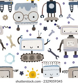Seamless pattern with different vintage robots. Hand painted illustration. Isolated endless repeating color simple flat pattern with robots, bolts, lettering and doodles. Pattern for kids with robots