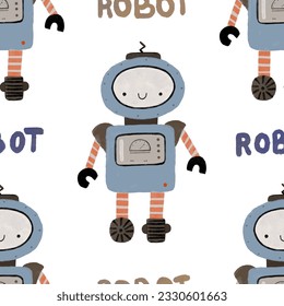 Seamless pattern with different vintage robots. Hand painted illustration. Isolated endless repeating color simple flat pattern with robots, bolts, lettering and doodles. Pattern for kids with robots