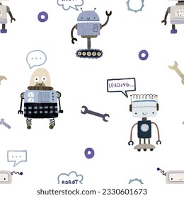 Seamless pattern with different vintage robots. Hand painted illustration. Isolated endless repeating color simple flat pattern with robots, bolts, lettering and doodles. Pattern for kids with robots